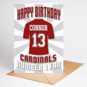 Carte d'anniversaire personnalisée Arizona Cardinals NFL shirt âge et nom - Fan numéro 1 - 4 modèles - A5 - Badge, porte-clés, Options d'impression