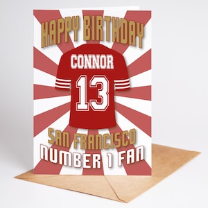 Carte d'anniversaire personnalisée avec nom et âge du maillot NFL des 49ers de San Francisco - Fan numéro 1 - 4 modèles - A5 - badge, porte-clés, options d'impression