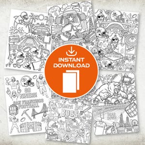 May include: A collection of five black and white coloring pages featuring American football themes, including team stadiums, players, mascots, and city landmarks, with an orange circular overlay in the center displaying the text INSTANT DOWNLOAD.