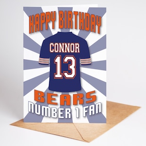 Chicago Bears NFL Shirt Alter und Name Personalisierte Geburtstagskarte - Nummer 1 Fan - 4 Designs - A5 - Abzeichen, Schlüsselanhänger, Druckoptionen