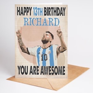 Lionel Messi - Inter Miami - Argentine - Carte d'anniversaire personnalisée rétro Legend - Format A5 - Badge, porte-clés, options d'impression