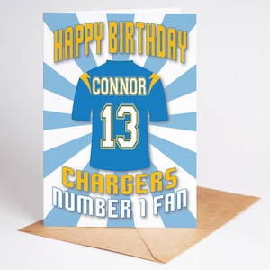 Carte d'anniversaire personnalisée nom et âge du maillot NFL des Chargers de Los Angeles - fan numéro 1 - 4 modèles - A5 - badge, porte-clés, options d'impression