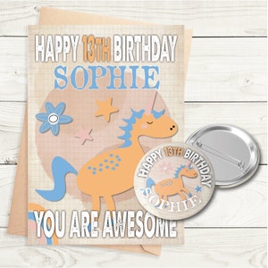 Carte d'anniversaire licorne - carte d'anniversaire personnalisée rétro - badge - format A5 - carte texturée de qualité avec enveloppe kraft marron