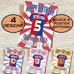 Carte d'anniversaire personnalisée avec nom et âge du maillot Crystal Palace - Fan numéro 1 - 4 modèles - A5 - Carte texturée de qualité Enveloppe Kraft