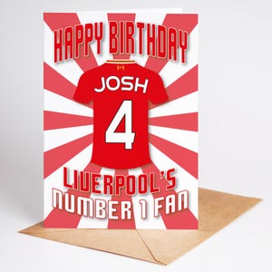 Liverpool FC Maglia Età e Nome Biglietto di Compleanno Personalizzato - A5 - 4 Design - Biglietto di Qualità - Opzioni Distintivo, Portachiavi, Stampa e Download