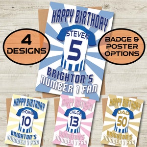 Carte d'anniversaire personnalisée Brighton FC shirt âge et nom - numéro 1 fan - 4 modèles - A5 - carte texturée de qualité enveloppe Kraft