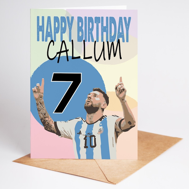 May include: A birthday card with a colourful background and a photo of a football player celebrating a goal. The card says "Happy Birthday Callum" and has the number "7" on it.