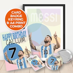 May include: A birthday card, badge, keyring, and A4 print combo featuring a cartoon image of a football player with the text "Happy Birthday Callum 7" on the card and "Callum 7" on the badge and keyring. The print features a cartoon image of a football player with the text "Messi" on the print.