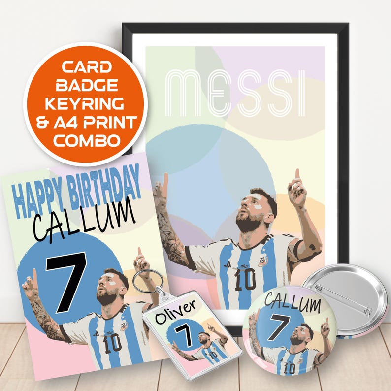 May include: A birthday card, badge, keyring, and A4 print combo featuring a cartoon image of a football player with the text "Happy Birthday Callum 7" on the card and "Callum 7" on the badge and keyring. The print features a cartoon image of a football player with the text "Messi" on the print.