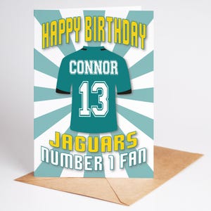 Carte d'anniversaire personnalisée nom et âge chemise Jacksonville Jaguars NFL - fan numéro 1 - 4 modèles - A5 - badge, porte-clés, options d'impression