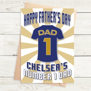 Vaderdagkaart - Chelsea Shirt - Nummer één vader - Badgeoptie - A5-formaat - Kwaliteitsgetextureerde kaart met bruine Kraft-envelop