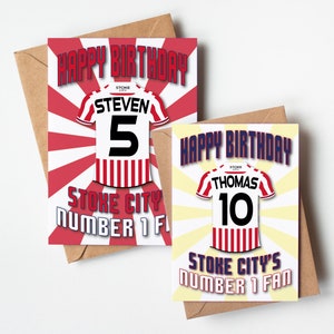 Stoke City FC Shirt Âge et nom Carte d'anniversaire personnalisée - Fan numéro 1 - 4 motifs - A5 - Carte texturée de qualité Enveloppe kraft
