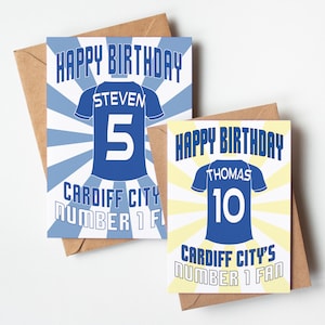 Cardiff City FC Shirt Âge et nom Carte d'anniversaire personnalisée - Fan numéro 1 - 4 motifs - A5 - Carte texturée de qualité Enveloppe kraft