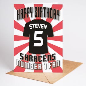 Shirt Saracens Rugby Union Leeftijd en naam Gepersonaliseerde verjaardagskaart - ventilator nummer 1 - 4 ontwerpen - A5 - badge, sleutelhanger, afdrukopties