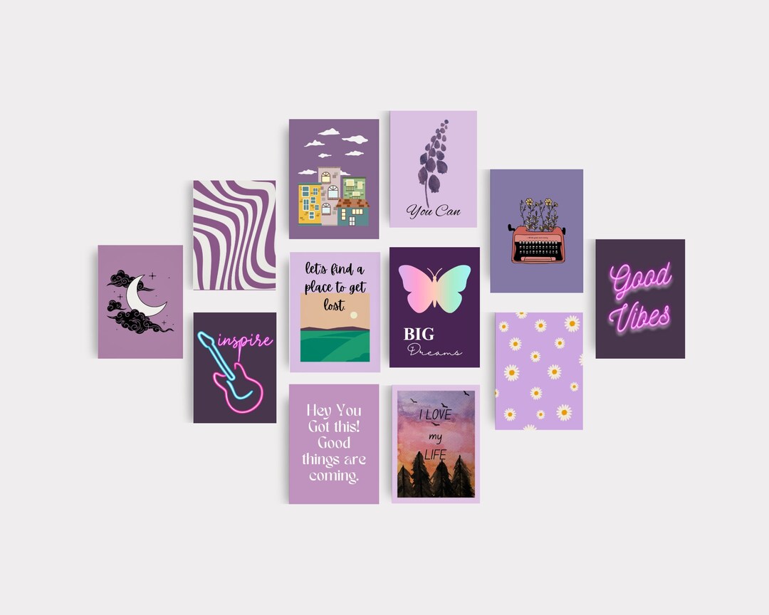 Set of 12 Aesthetic Wall Set Print Motivational Wall Art Purple