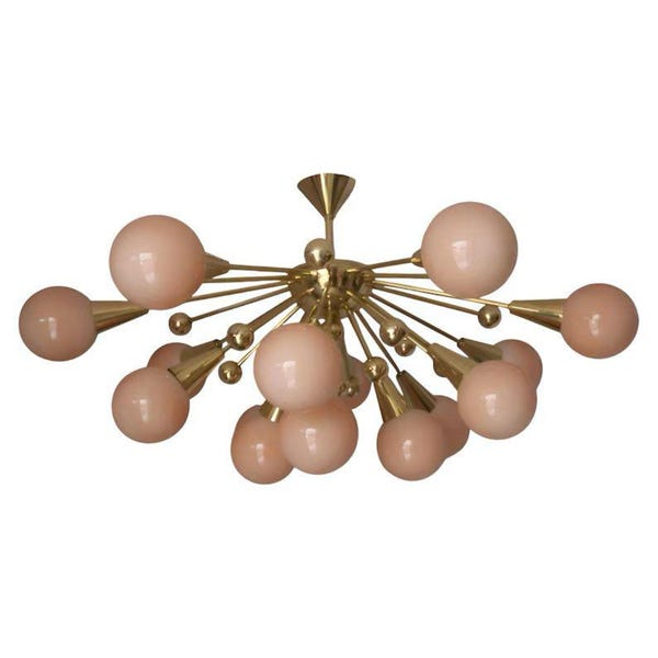Stilnovo Style Sputnik Chandelier 14 Arms Pink Glass Ball & Brass Italian Ceiling Lights Fixture.