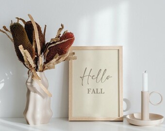 Hello Fall Sign, Beige Fall Welcome Sign, Modern Fall Decor, Autumnal Art Print, Rustic Fall Sign, Fall Artwork, Small Fall Decor
