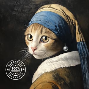 Katze mit einem Perlenohrring Kunstwerk, Vermeer inspirierte Katze Poster, Mädchen, mit einem Perlenohrring Druck, Geschenk für Katzenliebhaber, Vermeer Katzenmalerei