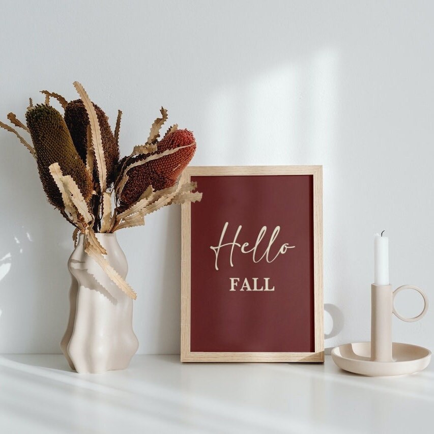 Hello Fall Sign, Red Download Art, Modern Fall Decor, Rustic Fall Sign, Fall Artwork, Hello Autumn Gift, Fall Wall Hanging, Small Fall Decor