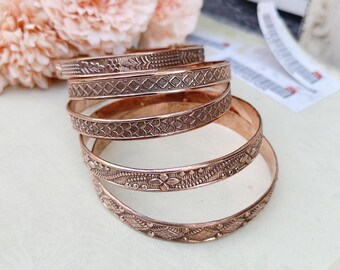 Set of 5  Copper Bangles, Engraved Boho Stacking Bracelets, Pure Copper Jewelry Gifts For Women