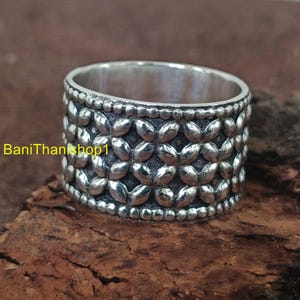 Large Flower Ring,Flower Ring Bohemian Jewelry ,Wedding Band, Simple Floral Pattern Ring wide Handmade Ring 925 Sterling Solid Silver Ring,