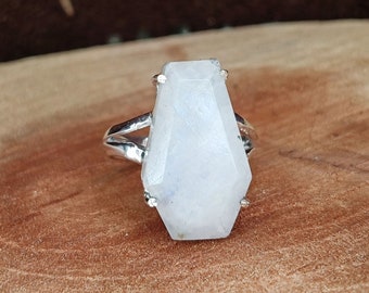 Coffin Ring,Rainbow Moonstone Ring,Prong Ring,Handmade Ring,Gemstone Ring,925 Sterling Silver Ring,Designer Ring,Beautiful Ring,Gift For Her