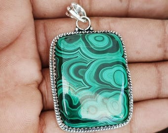 Malachite Pendant 925 Sterling Silver ,Malachite Natural Gemstone Handmade Love Silver Green Stone  Designer Pendant, Vintage Pendant,