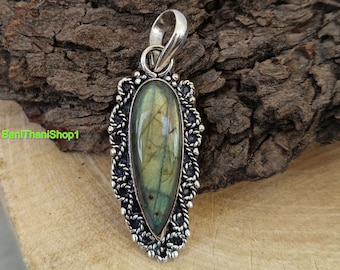 Top Quality Natural Labradorite Pendant Gemstone Pendant 925 Sterling Silver Handmade Gift Blue Flash Labradorite, gift for woman - dad gift