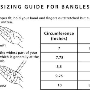 May include: A sizing guide for bangles with illustrations showing how to measure your wrist for the proper fit. The chart shows bangle sizes in inches and corresponding size descriptions: Extra Small, Small, Medium, Large, and Extra Large.