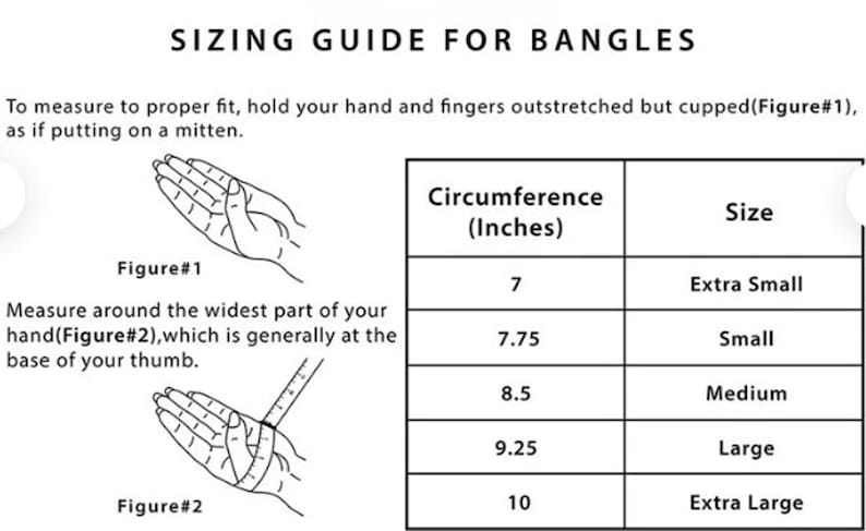 May include: A sizing guide for bangles with illustrations showing how to measure your wrist for the proper fit. The chart shows bangle sizes in inches and corresponding size descriptions: Extra Small, Small, Medium, Large, and Extra Large.