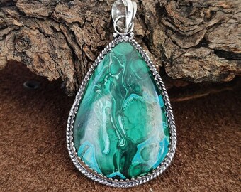 Malachite Pendant Malachite Natural Gemstone Handmade Love Silver Green Stone 925 Sterling Silver , Designer Pendant, Vintage Pendant,