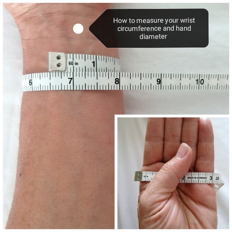 May include: Instructions on how to measure your wrist circumference and hand diameter using a measuring tape. The image shows a person's wrist and hand with a measuring tape wrapped around them.