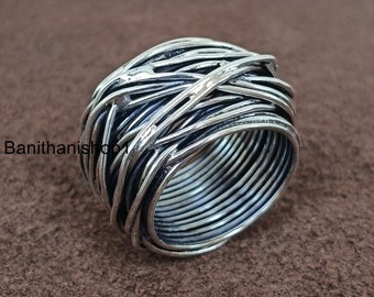Anillo ancho hecho a mano de plata maciza de ley 925, anillo llamativo de plata, anillo ancho, joyería bohemia simple y ancha, anillo llamativo