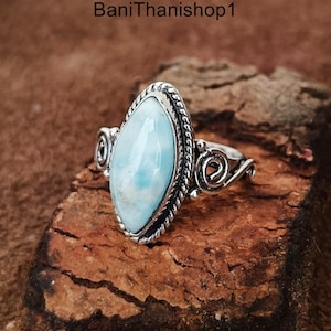 Natural Larimar Ring,925 Sterling Silver, Bohemian Jewelry Boho, Simple Ring with Stone,Handmade Ring Blue Larimar,Gift, Blue Gemstone