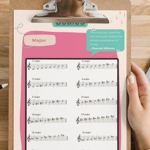May include: A music theory reference sheet on a clipboard featuring a list of major scales in musical notation. The document includes the title Scales, a quote by Pharrell Williams, and twelve major scales labelled from C major to F major.