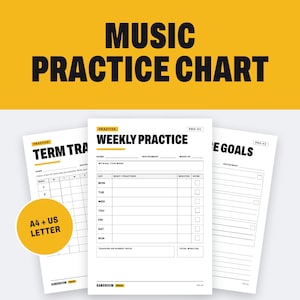 Peut inclure: Un ensemble de trois fiches de pratique musicale blanches avec du texte noir et des accents jaunes. La fiche centrale est intitul&eacute;e WEEKLY PRACTICE et comprend des champs pour le nom, l'instrument, la semaine, les objectifs et les t&acirc;ches. A4 + US LETTER.