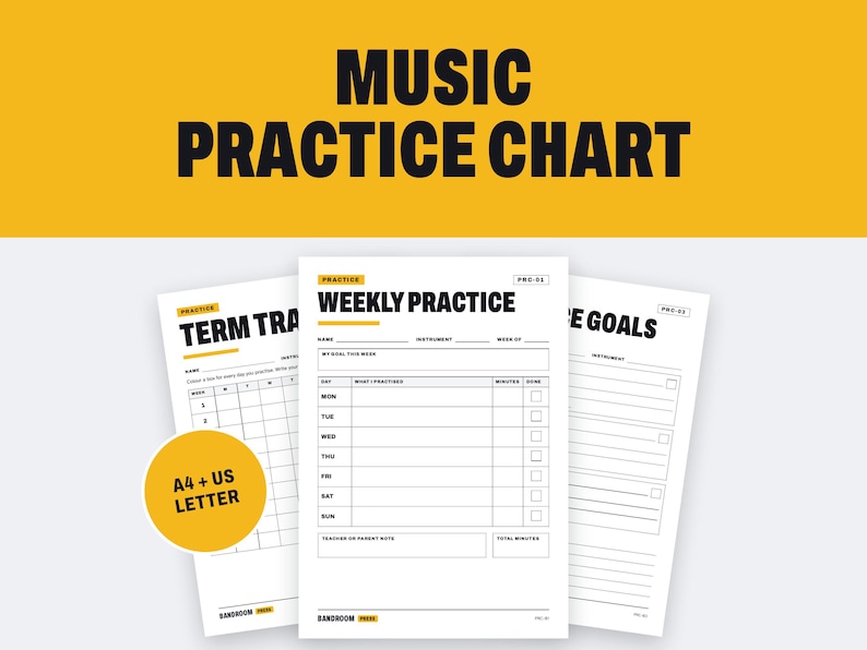 Peut inclure: Un ensemble de trois fiches de pratique musicale blanches avec du texte noir et des accents jaunes. La fiche centrale est intitul&eacute;e WEEKLY PRACTICE et comprend des champs pour le nom, l'instrument, la semaine, les objectifs et les t&acirc;ches. A4 + US LETTER.