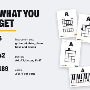 Puede incluir: Un listado de producto digital que muestra 5 sets de instrumentos: guitarra, ukelele, piano, bajo y bater&iacute;a. Incluye 42 p&oacute;steres en tama&ntilde;os A4, A3, Letter y 11x17, adem&aacute;s de 189 tarjetas con 2 o 4 por p&aacute;gina. Cuatro tarjetas muestran acordes musicales.