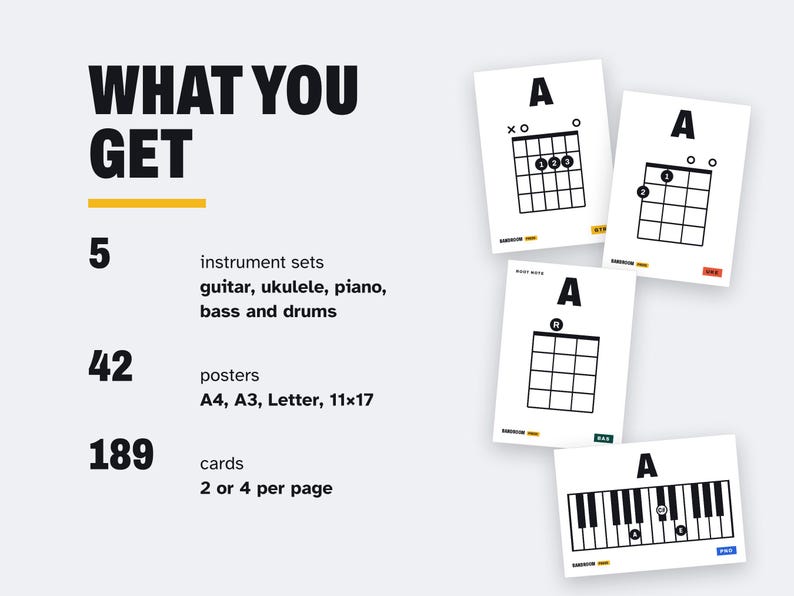 Puede incluir: Un listado de producto digital que muestra 5 sets de instrumentos: guitarra, ukelele, piano, bajo y bater&iacute;a. Incluye 42 p&oacute;steres en tama&ntilde;os A4, A3, Letter y 11x17, adem&aacute;s de 189 tarjetas con 2 o 4 por p&aacute;gina. Cuatro tarjetas muestran acordes musicales.