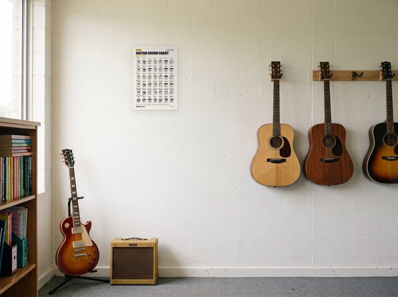 May include: A white poster titled GUITAR CHORD CHART with black text and grid diagrams displaying various guitar chords. The poster is mounted on a white wall above three acoustic guitars hanging on a wooden rack and one electric guitar.
