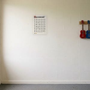 May include: A white poster titled UKULELE CHORD CHART with black text and diagrams, mounted on a white wall. To the right, four ukuleles in red, blue, yellow, and green hang on a wooden rack. A wooden bookshelf with books is visible on the left.