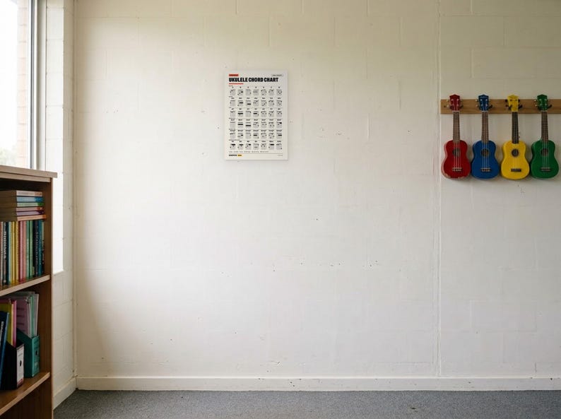 May include: A white poster titled UKULELE CHORD CHART with black text and diagrams, mounted on a white wall. To the right, four ukuleles in red, blue, yellow, and green hang on a wooden rack. A wooden bookshelf with books is visible on the left.