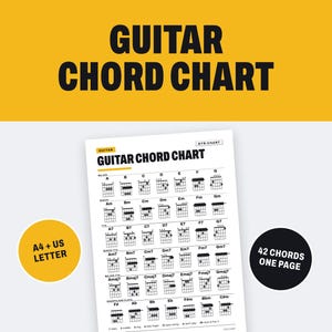 May include: A white guitar chord chart document featuring 42 chords on one page. The chart includes A4 and US Letter size options. The text reads Guitar Chord Chart, Major, Minor, 7th, Major 7th, Major 7th, Sharps and Flats, and 42 Chords One Page.