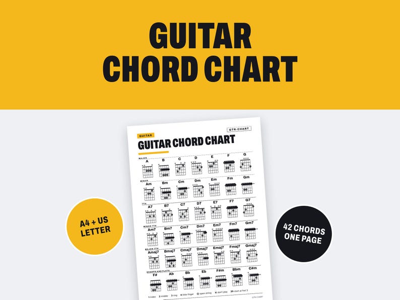 May include: A white guitar chord chart document featuring 42 chords on one page. The chart includes A4 and US Letter size options. The text reads Guitar Chord Chart, Major, Minor, 7th, Major 7th, Major 7th, Sharps and Flats, and 42 Chords One Page.