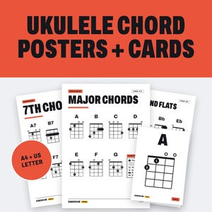 K&ouml;nnte beinhalten: Eine Sammlung von Ukulele-Akkordpostern und -karten mit schwarzem Text und Diagrammen auf wei&szlig;em Papier. Der Text umfasst UKULELE CHORD POSTERS + CARDS, MAJOR CHORDS, 7TH CHORDS und A4 + US LETTER. Die Diagramme zeigen die Griffbilder f&uuml;r Akkorde.