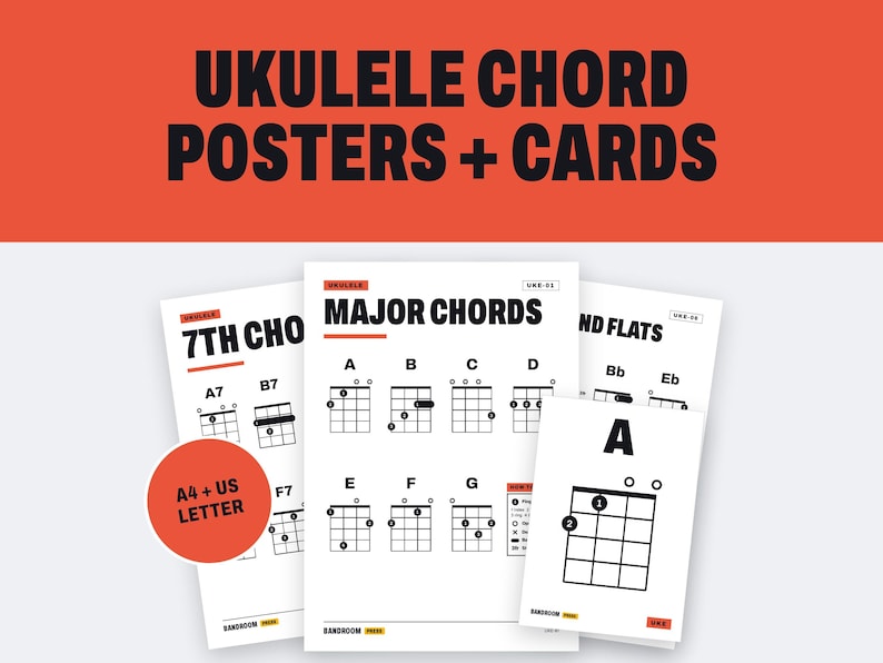 K&ouml;nnte beinhalten: Eine Sammlung von Ukulele-Akkordpostern und -karten mit schwarzem Text und Diagrammen auf wei&szlig;em Papier. Der Text umfasst UKULELE CHORD POSTERS + CARDS, MAJOR CHORDS, 7TH CHORDS und A4 + US LETTER. Die Diagramme zeigen die Griffbilder f&uuml;r Akkorde.