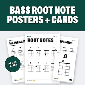 K&ouml;nnte beinhalten: Eine Sammlung wei&szlig;er Lehrposter und Karten mit schwarzem Text und Diagrammen f&uuml;r Bass-Grundt&ouml;ne und Arpeggios. Die Dokumente enthalten den Text BASS ROOT NOTE POSTERS + CARDS, A4 + US LETTER sowie verschiedene musikalische Notationsraster.