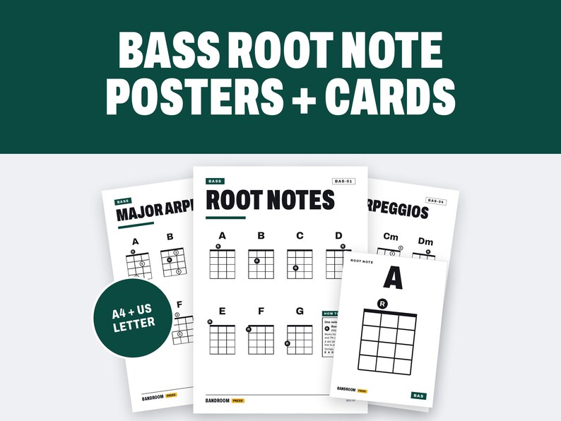 K&ouml;nnte beinhalten: Eine Sammlung wei&szlig;er Lehrposter und Karten mit schwarzem Text und Diagrammen f&uuml;r Bass-Grundt&ouml;ne und Arpeggios. Die Dokumente enthalten den Text BASS ROOT NOTE POSTERS + CARDS, A4 + US LETTER sowie verschiedene musikalische Notationsraster.