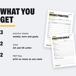 Peut inclure: Un ensemble de t&eacute;l&eacute;chargement num&eacute;rique comprenant trois feuilles de pratique pour le suivi hebdomadaire, trimestriel et des objectifs. Le texte indique WHAT YOU GET, 3 practice sheets, 2 sizes A4 and US Letter, et 2 PDF files. Deux formulaires blancs.
