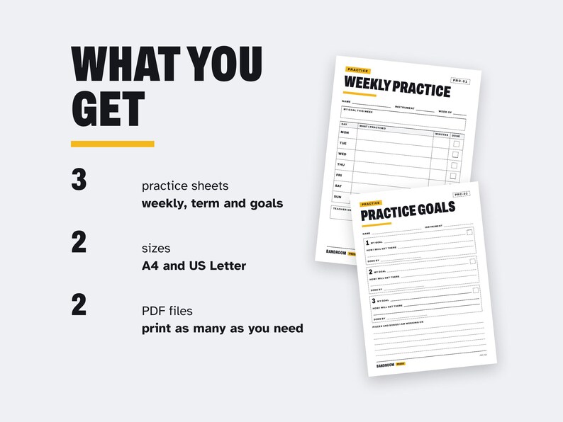 Peut inclure: Un ensemble de t&eacute;l&eacute;chargement num&eacute;rique comprenant trois feuilles de pratique pour le suivi hebdomadaire, trimestriel et des objectifs. Le texte indique WHAT YOU GET, 3 practice sheets, 2 sizes A4 and US Letter, et 2 PDF files. Deux formulaires blancs.